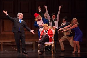 Attorney Michael S. Weaver (seated) performs as a tweeting Donald Trump surrounded by well-known White House characters during “Much to Sue About Nothing,” The Chicago Bar Association’s 94th annual bar show. It ran Nov. 30 through Dec. 3 at DePaul University’s Merle Reskin Theater. 