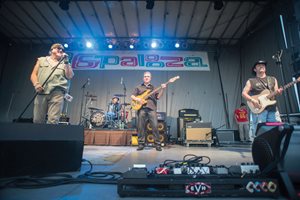 The Cool Rockin’ Daddies, along with bass guitarist Joe Gagliardo of Laner Muchin (center), get the crowd going during Buffalo Grove Days. 