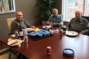 Murphy & Hourihane celebrated the 90th birthday of attorney Jack Joseph (left) on May 19. Joseph, who joined the bar in 1952, still maintains a practice and rents space from the firm at its 161 N. Clark St. office. Joining him for cake and stories are retired lawyer Aram A. Hartunian (center) and Ira J. Friedman (right), Joseph’s longtime partner at their former firm Joseph & Friedman. Together, the three account for 188 years of legal experience in Chicago. 